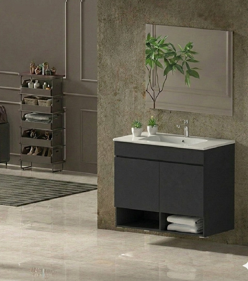 Závěsný koupelnový nábytek NEBARI s dveřmi a extra plochým umyvadlem